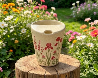 Handgemachter Blumen Reisebecher aus Keramik, Keramik Kaffeebecher, To-Go-Tasse