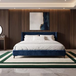 Alfombra geométrica moderna con borde verde, alfombra minimalista para sala de estar, alfombra neutra contemporánea, alfombra rectangular grande para decoración del hogar.