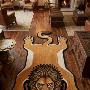 May include: A lion-shaped area rug with a tan body, white belly, and black accents. The rug features a detailed lion's head with a brown mane and red eyes. The rug is placed on a hardwood floor.