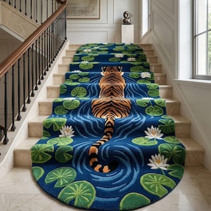 May include: A stair runner rug with a vibrant design featuring a tiger in a pond. The rug has a blue background with lily pads and white flowers. The tiger is orange and black, with its tail extending down the stairs.