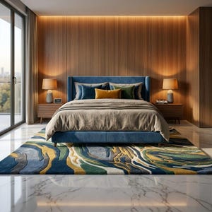 Könnte beinhalten: Ein modernes Schlafzimmer mit einem blauen Polsterbett, neutraler Bettwäsche und dekorativen Kissen. Der Raum verfügt über Holzverkleidungen, Nachttische mit Lampen und einen gemusterten Teppich in Blau, Grün und Gold. Große Fenster bieten eine Aussicht.