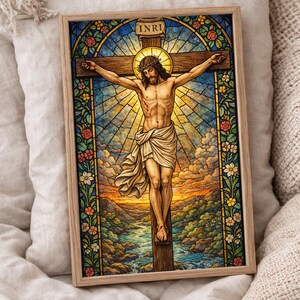 Crucifix Jesus Christian Decor Floral Border | Bible Verse Wall Art Printable | Stained Glass Gothic Scripture Poster | Instant Download