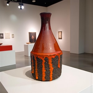 Könnte beinhalten: Eine Keramikvase mit dunkelbraunem Hals und rot-orangefarbenem Körper. Der Sockel ist strukturiert schwarz mit orangen Tropfen. Die Vase wird in einer Kunstgalerie ausgestellt.