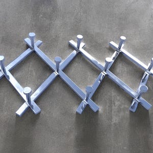 1970s accordion coat peg rack brass chrome plated expandable zig zag hook rail wall hanger real true space age vintage mid century
