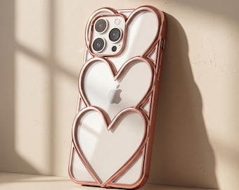 Funda para iPhone 16 15 14 13 12 Pro Max con diseño de corazón y espejo en oro rosa. Funda transparente de lujo, resistente a los golpes y con acabado galvanizado.