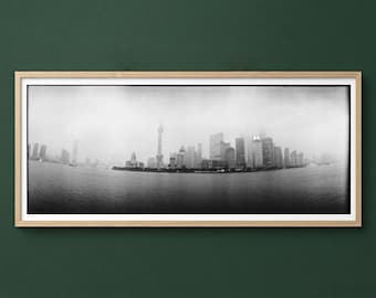 Shanghai Skyline Foggy Widelux Print - Analogue Photo on Ilford XP2 Film - Limited Edition - Fine Art Authorial Photography