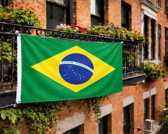 May include: The national flag of Brazil features a green field with a large yellow rhombus in the center. Inside the rhombus is a blue circle containing a white band with the text ORDEM E PROGRESSO and several small white stars.