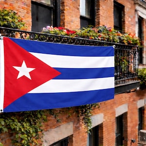 以下が含まれることがあります： 左側に赤い三角形と白い星、右側に青と白のストライプが入ったキューバの国旗。旗は、レンガ造りの建物を背景に、花と緑のある鉄製のバルコニーに掲げられています。