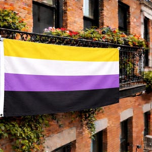 May include: A non-binary pride flag, featuring yellow, white, purple, and black horizontal stripes, hangs from a wrought iron balcony. The flag is set against a brick building with window boxes.