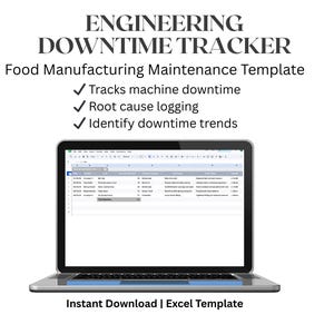 Op de afbeelding: Een laptop toont een Excel-sjabloon met de titel "Engineering Downtime Tracker". De sjabloon is voor de voedselproductie, het volgen van machinestilstand, het loggen van oorzaken en het identificeren van trends. De tekst onderaan luidt "Direct downloaden | Excel-sjabloon."