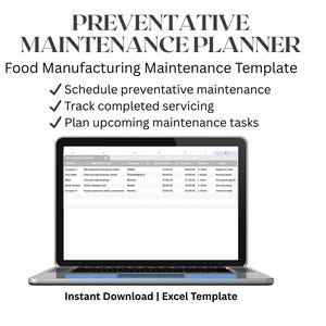 Könnte beinhalten: Ein Laptop mit einer Vorlage für einen vorbeugenden Wartungsplaner für die Lebensmittelherstellung. Der Bildschirm zeigt eine Tabelle mit Wartungsaufgaben. Der Text "PREVENTATIVE MAINTENANCE PLANNER" und "Instant Download | Excel Template" ist enthalten.