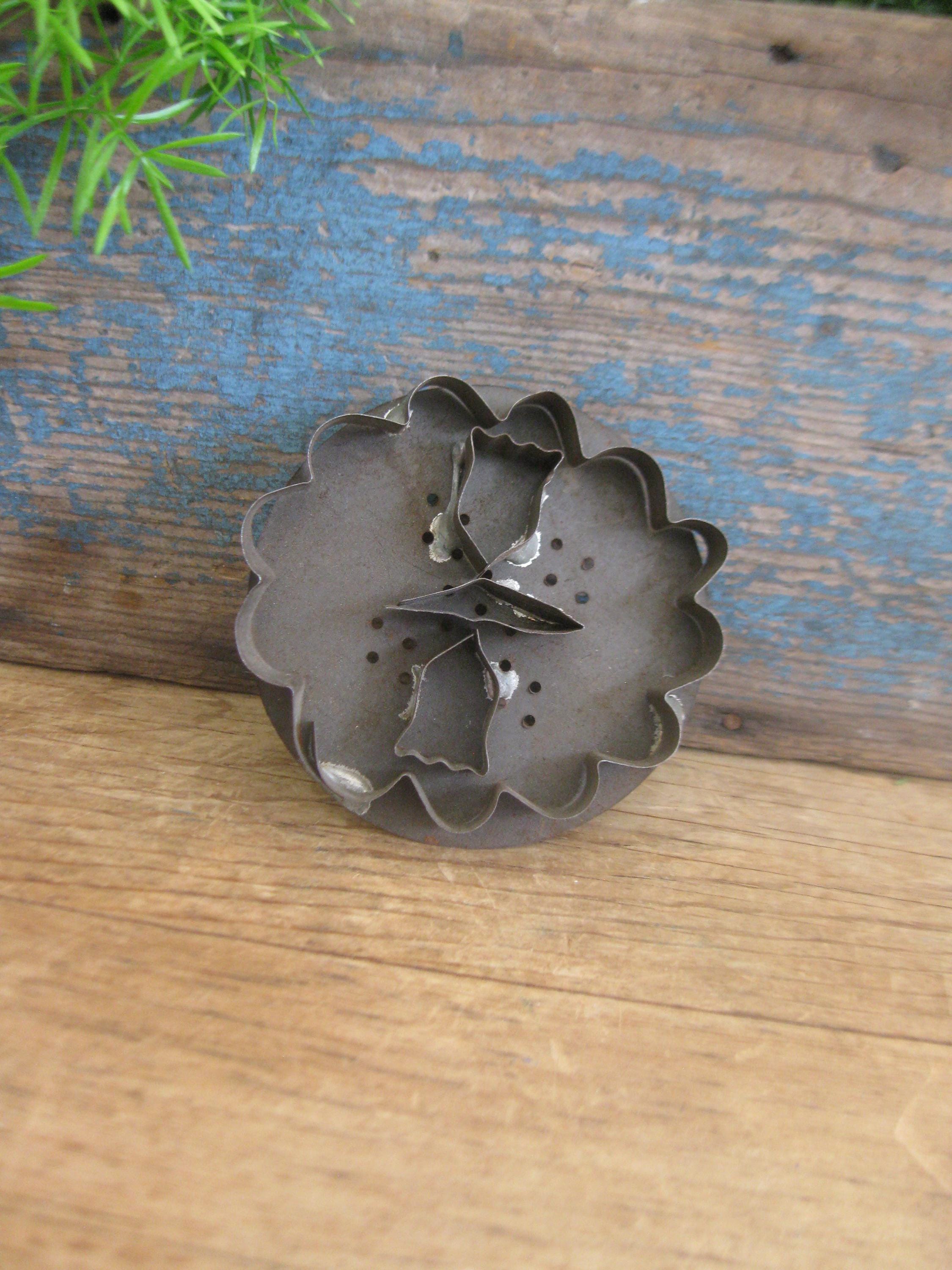 Retro Raspberry Ruffle Tin Antique Tin Strap Handle Cookie Cutter Ruffled Edge With Tulip Cut Outs ...