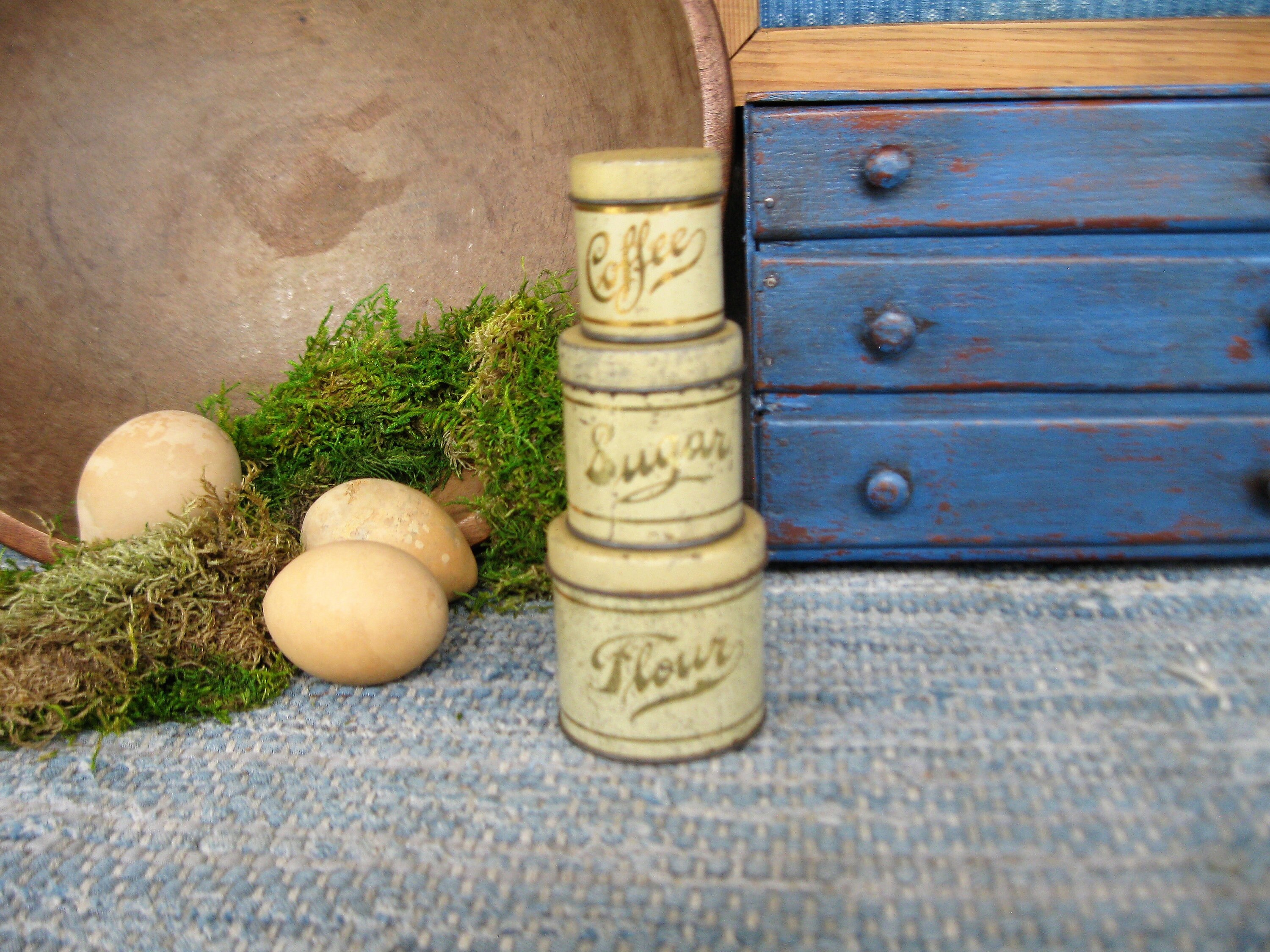 3 piezas antigüedad estaño juguete cocina canister set crema | Etsy