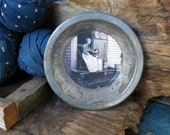 Antique Tin Toy Pie Pan with Old Photo Print Churning Butter