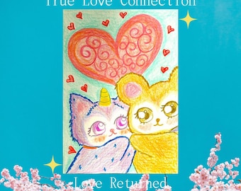 Obra de arte original a lápiz de color, amor mutuo, atracción amorosa, arte del chakra del corazón, energía romántica