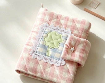 Clover Quilted A5 A6 Journal Cover, Pink Gingham Notebook Cover, Cute Fabric Book Sleeve, Travelers Padded Journal