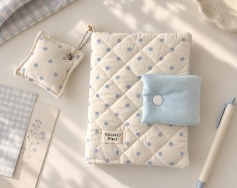Quilted A5 A6 Book Cover, Blue Polka Dot Notebook Cover, Soft Padded Journal Sleeve, Cute Girls Journal Accessory