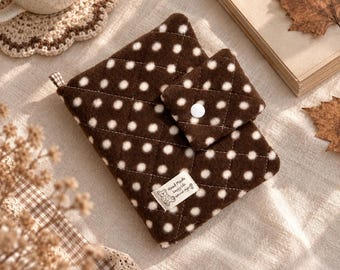 Quilted A5 A6 Book Cover, Brown Polka Dot Notebook Cover, Cozy Padded Journal Sleeve, Girls Journal Accessory