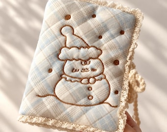 Embroidered Snowman Quilted A5 Journal Cover, Lace Trim Padded Notebook Cover, Cozy Winter Journal Sleeve, Cute Christmas Journal Accessory