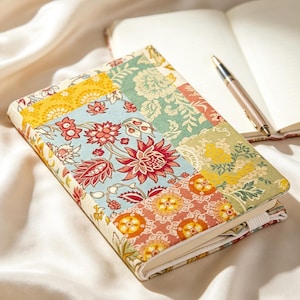 Puede incluir: Un diario con patchwork floral y un bolígrafo sobre un cuaderno abierto. La cubierta del diario presenta una mezcla de patrones florales en rojo, azul, amarillo y verde. El bolígrafo es plateado con un clip dorado. Las páginas del cuaderno están en blanco.