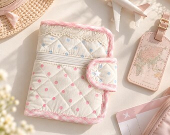 Pink Polka Dot Passport Holder, Handmade Quilted Travel Wallet with Zip Pockets, Cute Lace Travel Organiser, Gift for Her