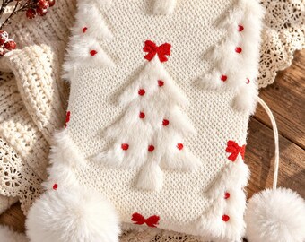Fluffy A5 A6 Book Cover, Christmas Tree Notebook Cover, Textured Fabric Journal Sleeve, Cozy Red Bow Winter Journal Accessory