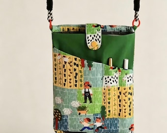 Quirky Fabric Kindle Sleeve: Handmade Green Fork Art Style Crossbody Bag, Small Travel Neck Pouch for Phone Passport, Gift For Travellers