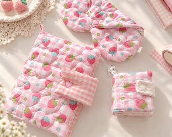 Quilted A5 A6 Book Cover Set, Strawberry Floral Notebook Cover Gift Box, Pink Gingham Padded Journal Sleeve, Cute Girls Journal Accessory