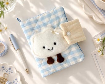 Quilted A5 A6 Book Cover, Blue Gingham Notebook Cover, Fluffy Cloud Character Padded Journal Sleeve, Kawaii Girls Journal Accessory