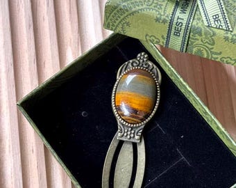Vintage Tigers Eye Bookmark: Antique Gemstone Bronze Book Accessory for Readers, Personalise Metal Page Marker, Dark Academia Gift