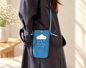 Blue Cloud Canvas Crossbody Bag, Small Fabric Shoulder Pouch with White Raindrop Design, Cute Everyday Accessory