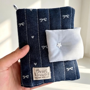 Quilted Denim Book Cover: Cute Bow Heart A5 A6 Notebook Sleeve with Striped Lining, Padded Blue Journal Protector, Diary Cover Gift For Her