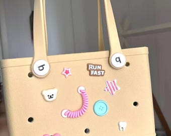 8pc Vibrant Bag Charm Set: Cheerful Tote Bag Accessories, Pink Beach Bag Charms, Stars and Hearts EVA Bag Decorations