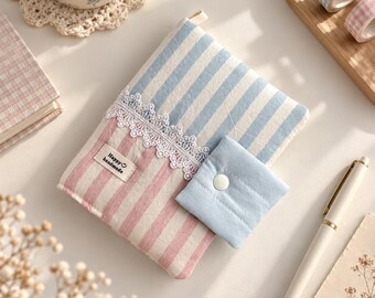 Padded A5 A6 Book Cover, Pink Blue Striped Notebook Cover, Lace Fabric Journal Sleeve, Pastel Girls Journal Accessory