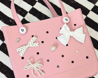 6pc Ribbon Bow Bag Charm Set: Coquette Silk Tote Bag Accessories, Decorative Beaded Bow Beach Bag Charms, EVA Bag Swiss Dot Bow Decorations