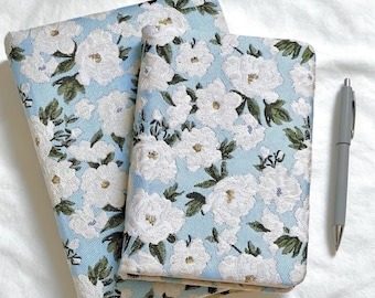 Blue Blossom Book Cover: Flower Textured Fabric Book Sleeve, Handmade Cottagecore Journal Cover Gift, Adjustable Reusable Notebook Protector