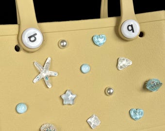 8pc Glitter Bag Charm Set: Ocean Style Sparkling Tote Bag Accessories, Decorative Personalised Beach Bag Charms, EVA Bag Pastel Decorations
