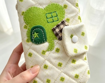 Lucky Clover Quilted A5 A6 Journal Cover, Green Patchwork Notebook Cover, Handmade Book Sleeve, Cute Cottage Journal Accessory