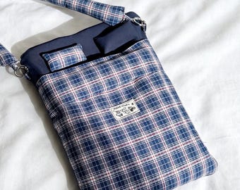 Double Bed Kindle Sleeve: Handmade Gingham Padded Fabric Crossbody Bag, Plaid Travel Neck Pouch, Unique Gift For Travellers and Book Lovers