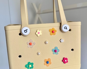 10pc Charms Set For EVA Bags: Colourful Jelly Flower, Daisy and Pearls | Y2K Beach Tote Bag Accessories, Kawaii Shoe Decorations