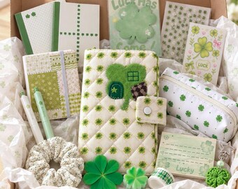 18pcs Green Stationery Set, Clover Journal Kit, A6 Quilted Book Sleeve, Pencil Case, Pens & Stickers, Journaling Study Gift for Her