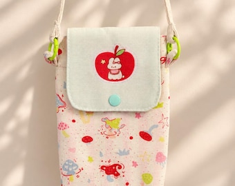 Apple Crossbody Phone Bag, Colourful Mushroom Canvas Phone Pouch with White Flap, Cute Whimsical Fabric Shoulder Bag