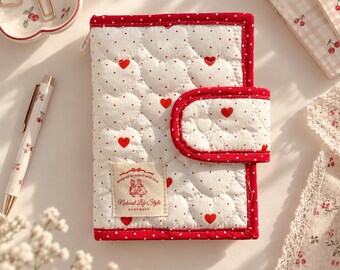 Heart Quilted A5 A6 Journal Cover, Red Polka Dot Notebook Cover, Romantic Padded Book Sleeve, Girls Fabric Journal Accessory