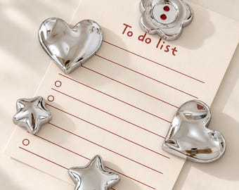 3pc Silver Magnets Set: Metal Star & Heart Whiteboard Magnets, Minimalist Decorative Fridge Magnets, School Locker Magnet, Office Accessory