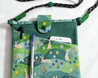 Bunny Cross Body Bag: Handmade Meadow Printed Fabric Kindle Sleeve, Cottagecore Travel Pouch for Phone Passport, Travel Organiser Pocket