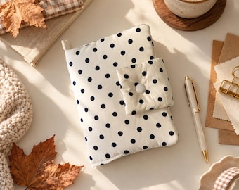 Padded A5 A6 Book Cover, Black Polka Dot Notebook Cover, Soft Fabric Journal Sleeve, Minimalist Girls Journal Accessory