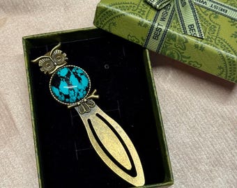 Boho Celestial Blue Bookmark: Antique Bronze Filigree Book Jewelry, Whimsical Owl Book Accessory, Dark Academia Aesthetic, Gift for Readers
