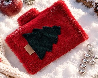 Red Fluffy A5 A6 Book Cover, Christmas Tree Notebook Cover, Soft Fabric Journal Sleeve, Cozy Winter Journal Accessory