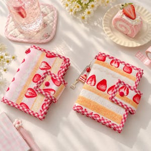 Strawberry A5 A6 Journal Cover, Pink Gingham Notebook Cover, Cute Fabric Book Sleeve, Girls Strawberry Journal Accessory
