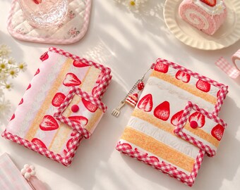Strawberry A5 A6 Journal Cover, Pink Gingham Notebook Cover, Cute Fabric Book Sleeve, Girls Strawberry Journal Accessory